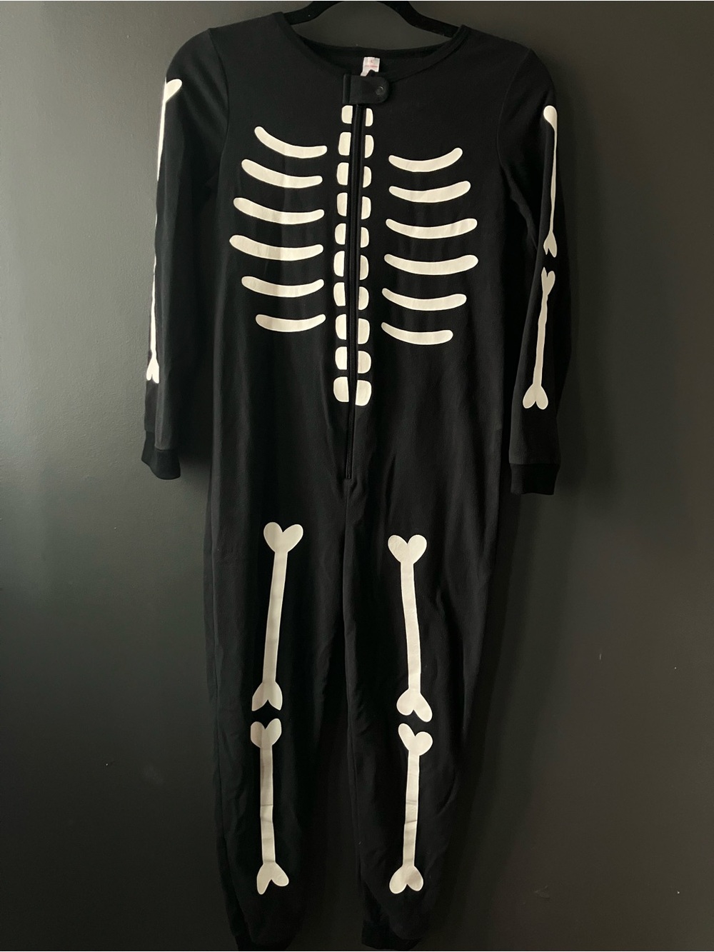 Skeleton One Piece Pajamas 10y Fleece Black & White Sleeper Camping Halloween